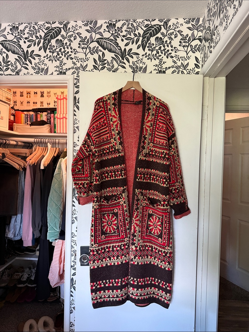 Long Open-Front Knit Robe Cardigan in Red & Brown